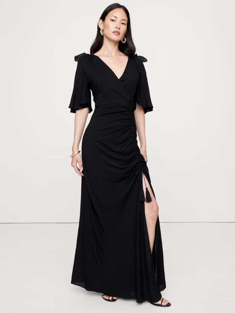 NWT Banana Republic 6p Black Stretch-Crepe Flutter-Sleeve Maxi Dress Fit & Flare